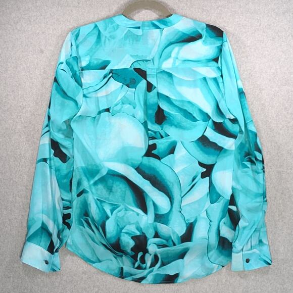 Alfani Floral Crossover Top Green Aqua Black Long Sleeve Roll Tab Size 8 - Picture 10 of 15
